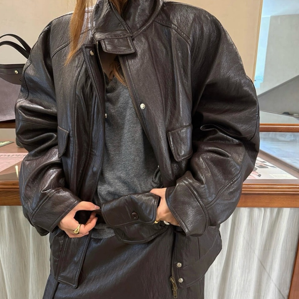 Pixie Market Brown High-Neck Leather Jacket (NWT)